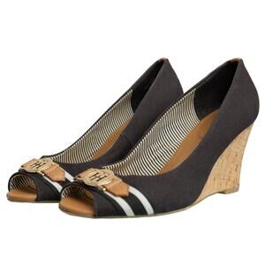 Womens Designer Tommy Hilfiger Tabbe Black Linen Cork Wedge Pump High Heels -EUC